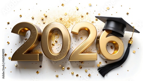 Graduation cap with gold tassel on top of the number 2026 with confetti
