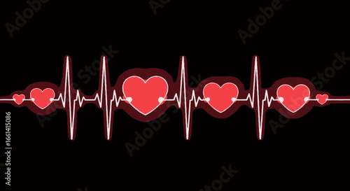 A stylized illustration of a heartbeat rhythm featuring red hearts against a dark background.
