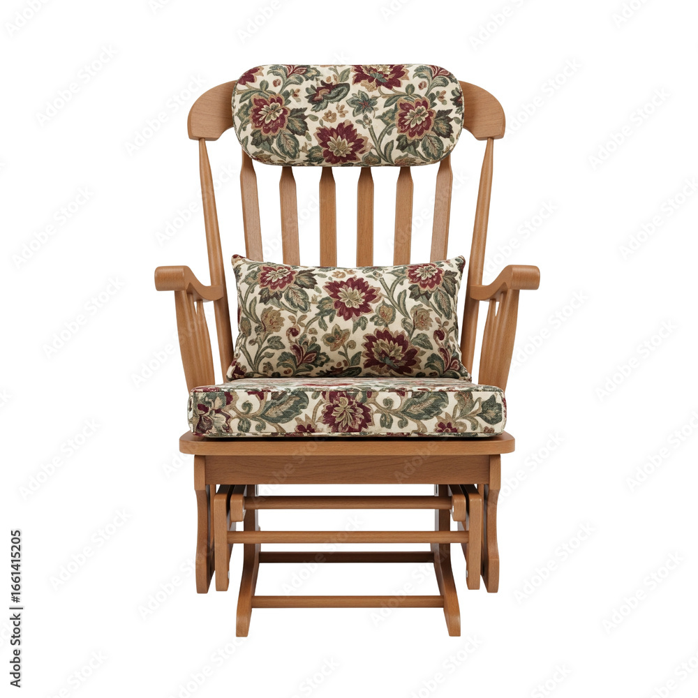Fototapeta premium Wooden glider rocking chair with floral cushions