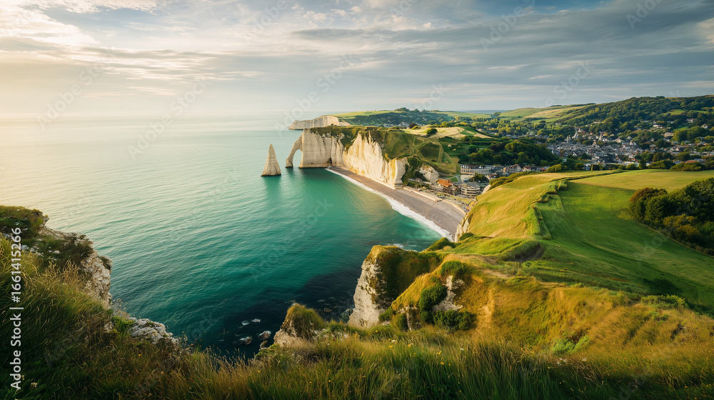 Obraz premium Étretat, Normandy, France, iconic white chalk cliffs and dramatic natural arch seen from the sea, captured at water level