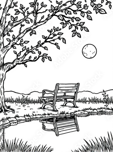 Minimilist a serene monochrome landscape featuring a park bench reflected in calm water under a leafy tree at night vector