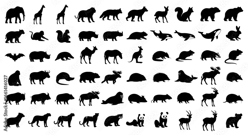Fototapeta premium Collection of diverse animal silhouettes, black on white background.