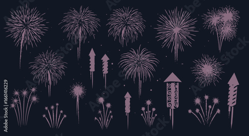 Collection of various firework designs against a dark background.