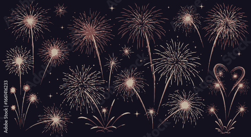 Artistic illustration of multiple fireworks exploding with bright, radiant light against a dark night sky.