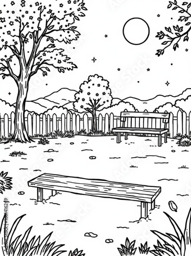 Minimilist illustration of a backyard scene with trees benches fence moon and stars in black and white line art vector