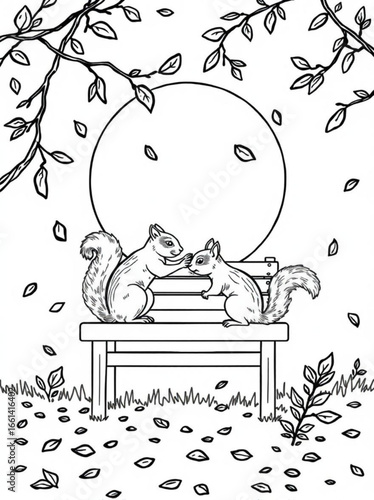 Minimilist two squirrels interacting on a park bench beneath a tree with leaves and a circular background shape vector