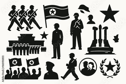 Day of Songun North Korea Solid Black Silhouette Icon Set
