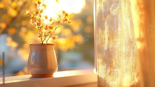 Golden hour sunlight filtering through a curtain illuminating a flower pot with a serene autumn ambiance