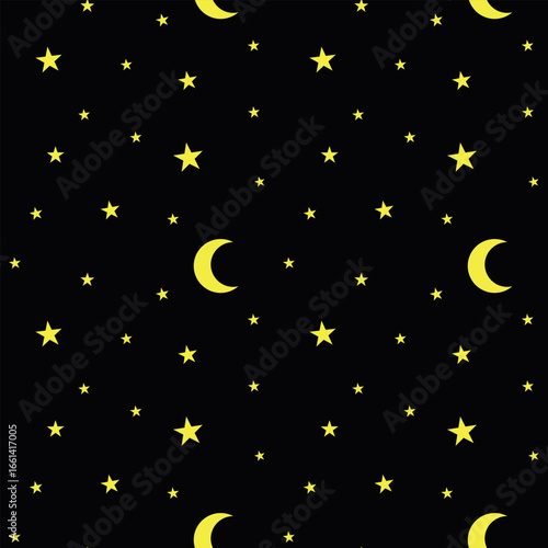 A celestial seamless pattern with moons and stars against a black night sky.