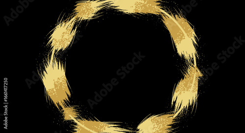 Shimmering golden abstract brush strokes form an elegant circular frame with sparkling glitter accents