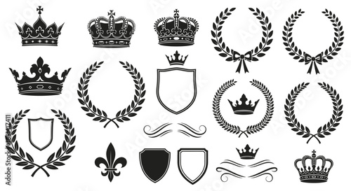 Elegant crowns, shields, and laurel wreaths creating a sophisticated heraldic emblem set