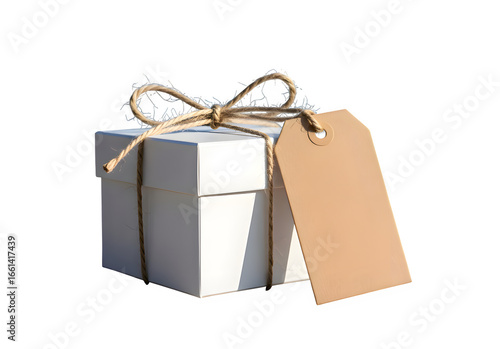 Elegant white gift box tied with twine and a natural paper tag ready for personalization and gifting transparent background
