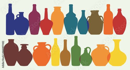 Vibrant collection of stylized vases and bottles in diverse colors and shapes, artistic display