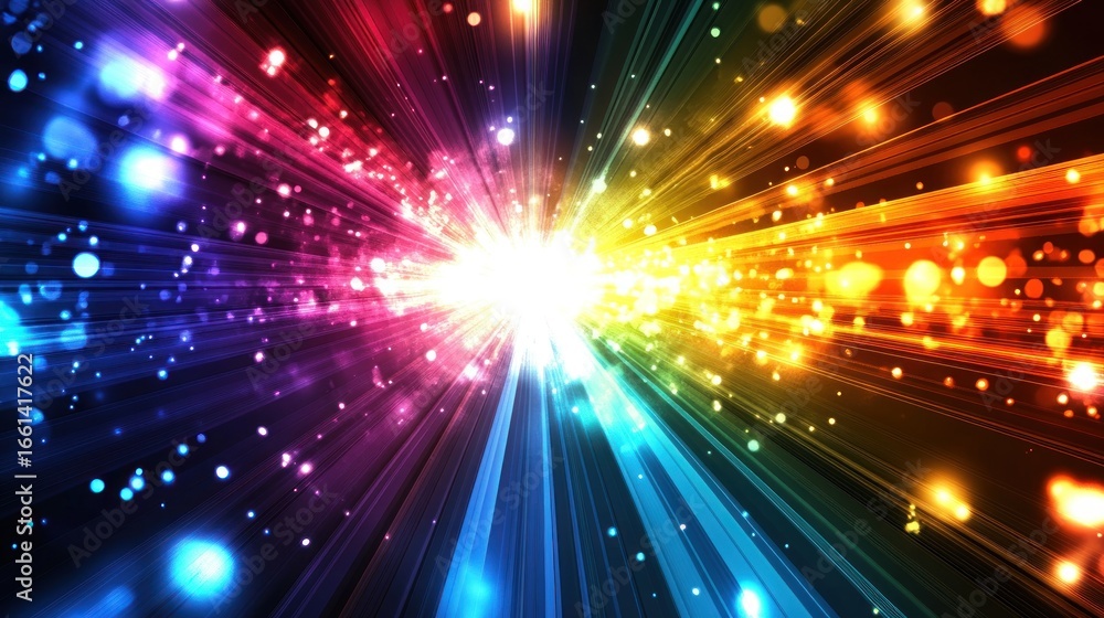 Fototapeta premium Vibrant rainbow light burst with sparkling bokeh effect.