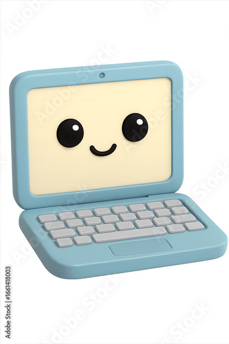 Cute 3D Happy Laptop in Pastel Kawaii Cartoon Style, Toy-like Mascot Character Render for Digital Art
