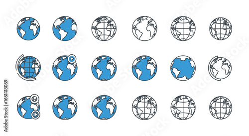 Dynamic globe icons showcase global connection, digital media, and world exploration for modern businesses.