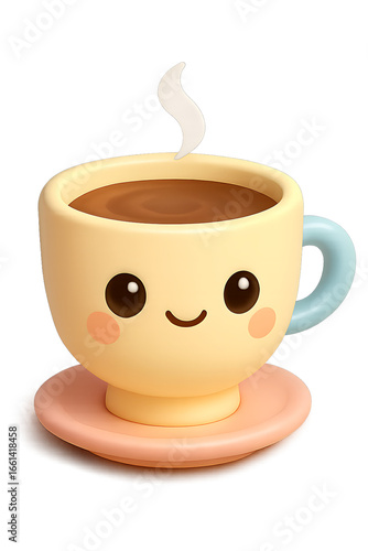 Cute 3D Coffee Cup with Smile in Pastel Kawaii Cartoon Style, Toy-like Mascot Character Render for Digital Art