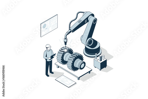 Automated Robotic Welding Process: Precision Engineering and Industrial Automation in Manufacturing for Metal Gears with Human Oversight and Quality Control Systems