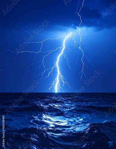 Dramatic lightning strike over dark sea