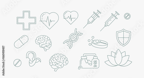 Healthcare icons: medical symbols, wellness, and health concepts.