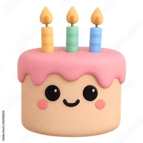 Cute 3D Birthday Cake Character in Pastel Kawaii Cartoon Style, Toy-like Mascot Character Render for Digital Art