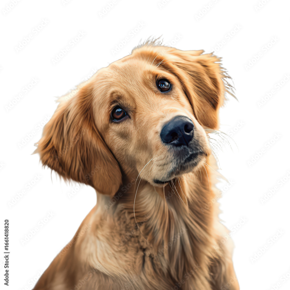 Fototapeta premium Attentive golden retriever dog sitting up extracted image png attentive pet portrait png golden retriever focus png dog sitting pose png isolated dog breed image png transparent background image