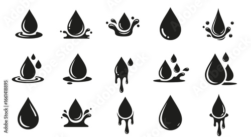 Dynamic black liquid drop icons representing oil, water, or other essential fluid concepts