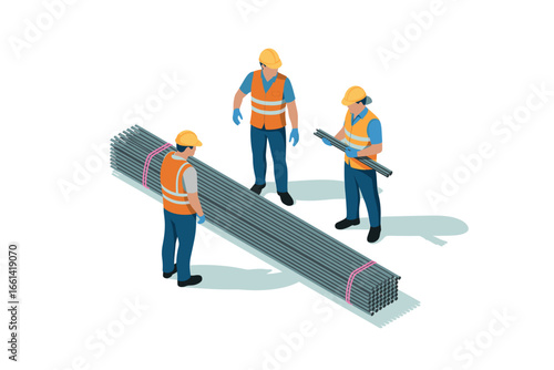 Construction Workers Inspecting Steel Rebar Bundle: Safety Vests, Hard Hats, and Gloves for Construction Projects, Illustrating Safety in Construction and Building Industry.
