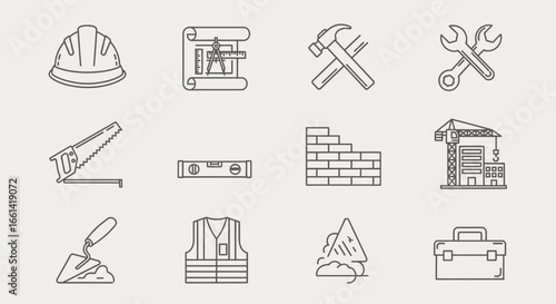 Construction tools and equipment icons illustrating building, architecture, and design elements