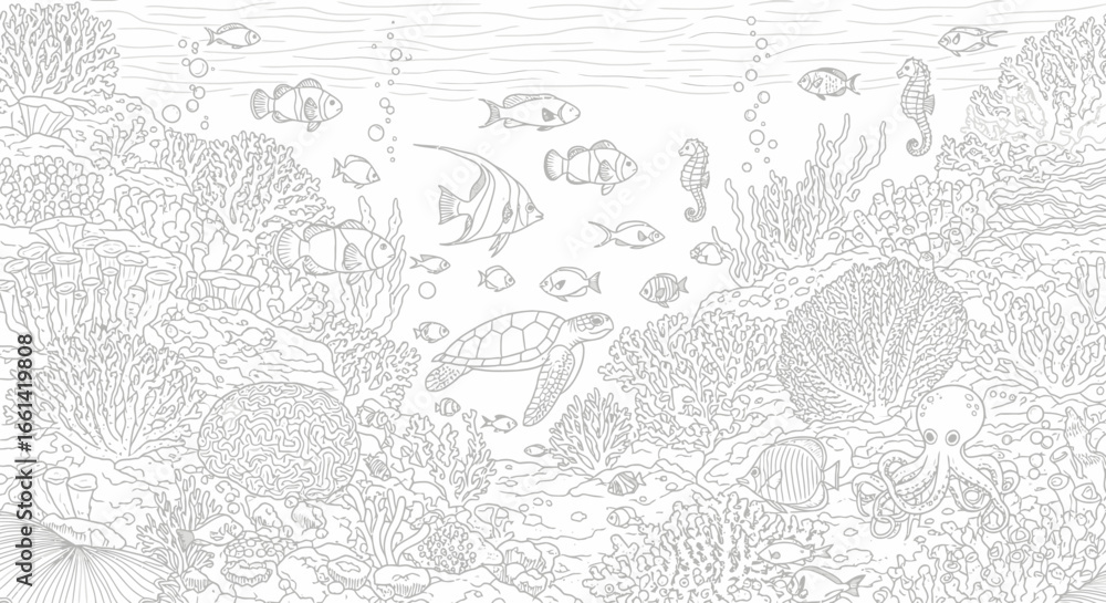 Fototapeta premium Underwater scene line art featuring coral reef, sea turtle, seahorse and tropical fish for coloring book pages