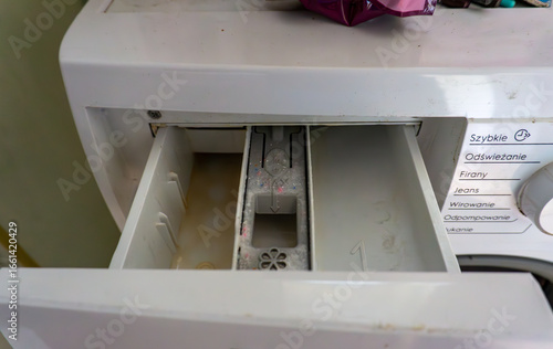 Принти на полотні Dirty washing machine detergent drawer with visible residue, limescale, and buildup, requiring cleaning and maintenance of household laundry appliance