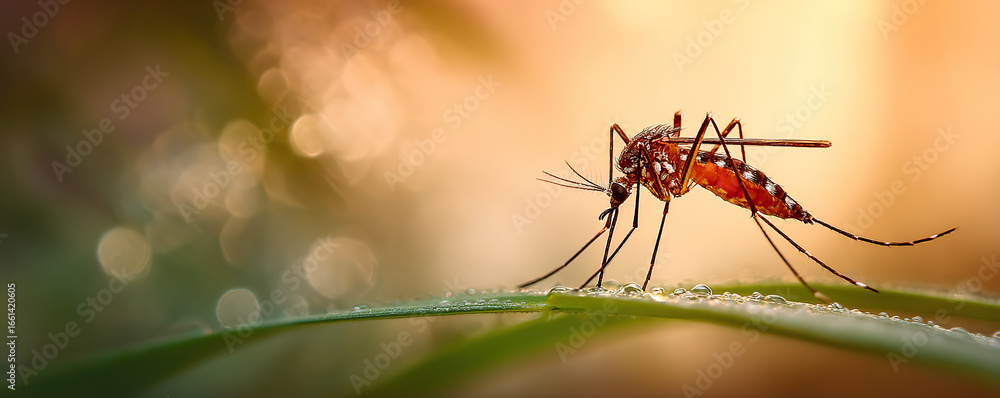 Naklejka premium Mosquito perched on green leaf with dew drops at sunset in a natural setting