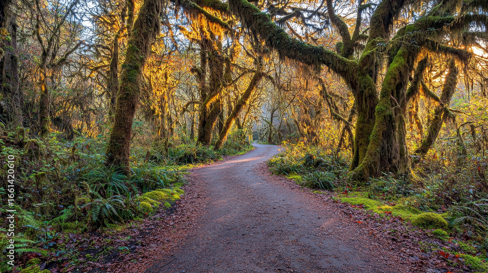 Fototapeta premium Sunlit moss-draped forest path winding through lush, green temperate rainforest