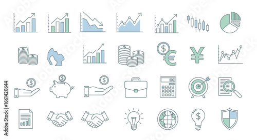 Modern finance and business icons for success, investment, and growth in professional presentations