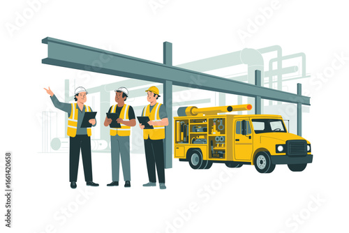 Industrial Inspection Team Planning with Service Truck: Construction Professionals Assessing Factory Infrastructure and Equipment with Clipboard, PPE, and Truck.