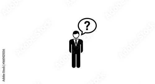Confused businessman seeks answers with a question mark in thought bubble, conveying uncertainty and challenges