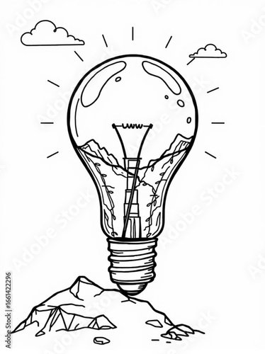 Minimilist illustration of a lightbulb containing a mountain landscape and clouds in black and white style vector