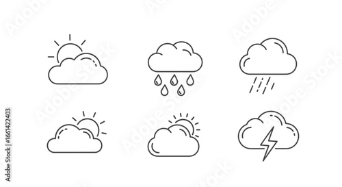 Weather forecast icons for weather apps and widgets conveying sun, rain, and storms in a simple design