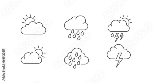 Weather forecast icons showing sunshine, rain, and thunderstorms for website or app design needs