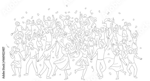 Jubilant crowd celebrating achievement with confetti falling, radiating positivity and unity for any occasion