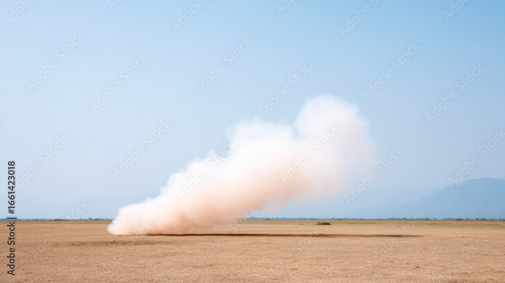 Obraz premium Industrial smoke generator emitting white cloud on vast dry field during clear day for environmental awareness and pollution concepts
