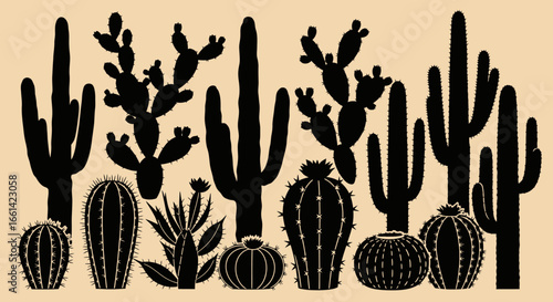 Elegant silhouette of desert cacti plants for modern designs and invitations, capturing southwestern vibes