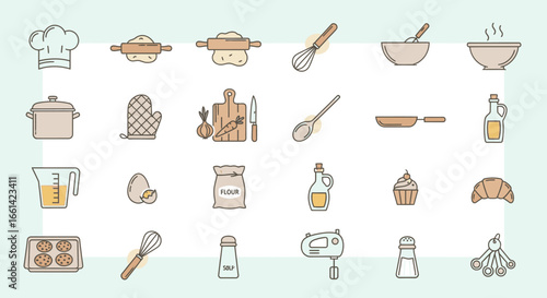 Baking time icons for recipe books or cooking blogs, featuring essential tools and tasty treats