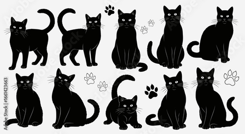 Adoptable black cat silhouettes with paw prints, perfect for adding a touch of feline charm to your designs