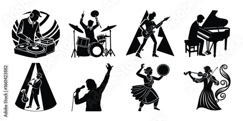 Silhouette Musicians Performing DJ Drummer Guitarist Pianist Singer Tambourine Player Violinist