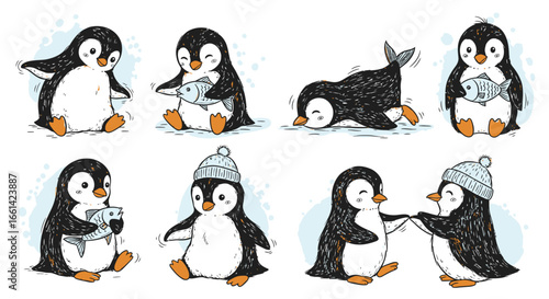 Adorable cartoon penguins playing, fishing, and having fun together in a delightful whimsical illustration