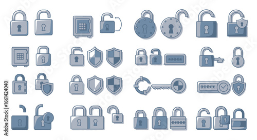 Ensure your digital safety with security icons like padlocks, keys, shields, and safes in line art