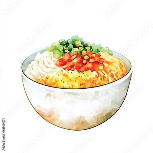 Watercolor Dish of Colorful Noodles and Vegetables