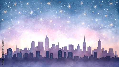 Dreamy watercolor cityscape skyline under a starry, magical galaxy sky with glowing lights and ethereal mist