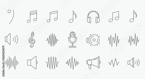 Modern line art music icons for audio production and creative sound design projects needing a minimalist aesthetic